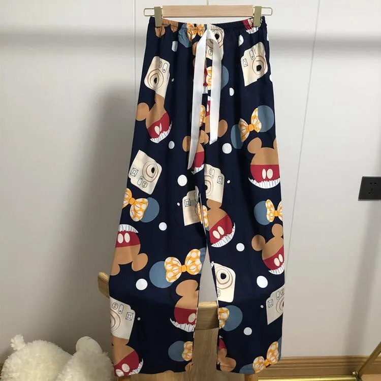 Summer Cotton Plus Size Loose High Waist Women Pajamas Pants Long Wide Leg Ankle-Length Outdoor Sleepwear