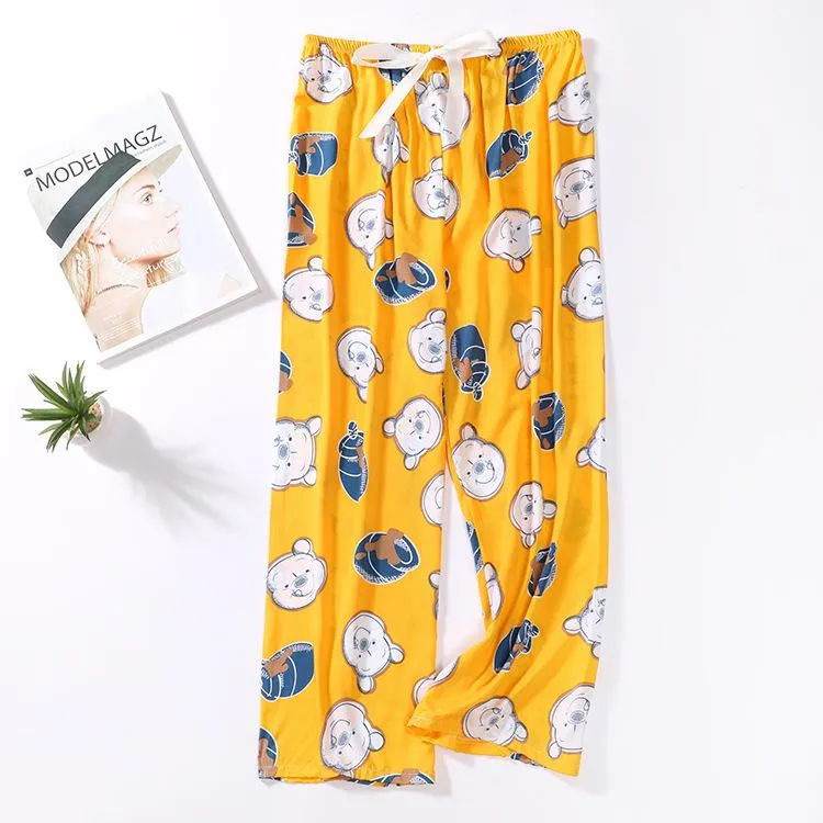 Summer Cotton Plus Size Loose High Waist Women Pajamas Pants Long Wide Leg Ankle-Length Outdoor Sleepwear