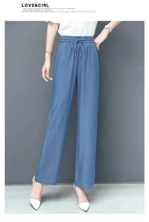 Summer Denim Wide Leg Pants Women Drape Straight Ice Silk Loose Thin Casual Pants