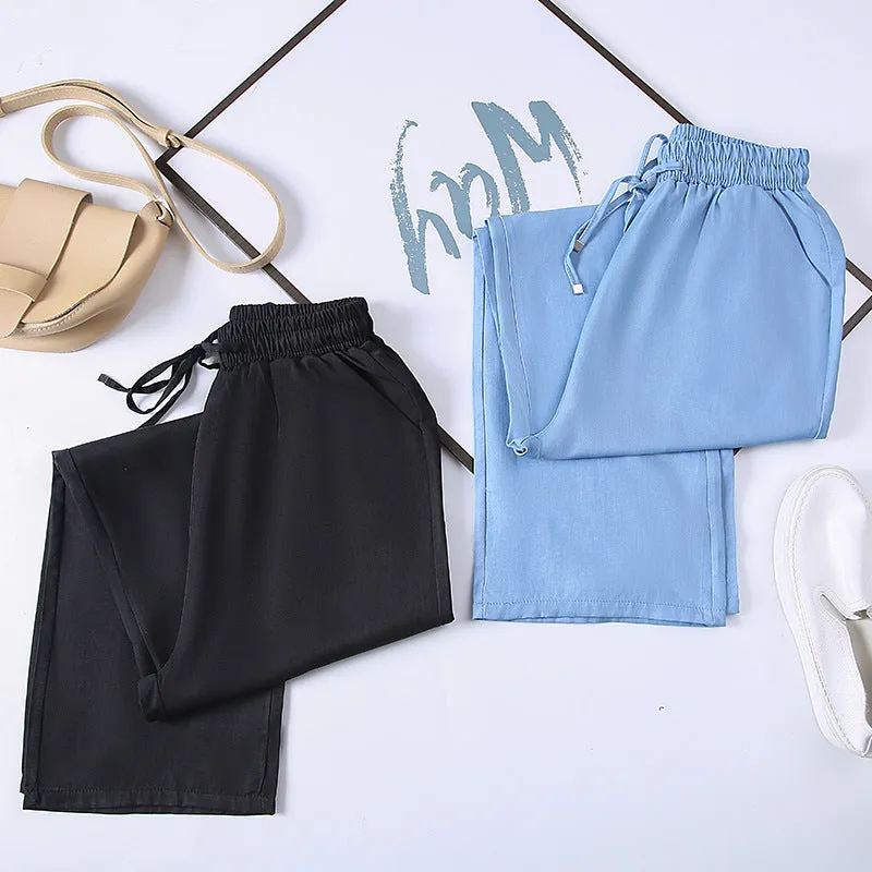 Summer Denim Wide Leg Pants Women Drape Straight Ice Silk Loose Thin Casual Pants
