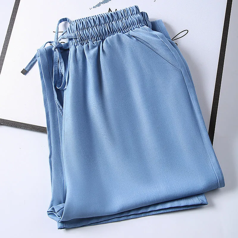 Summer Denim Wide Leg Pants Women Drape Straight Ice Silk Loose Thin Casual Pants