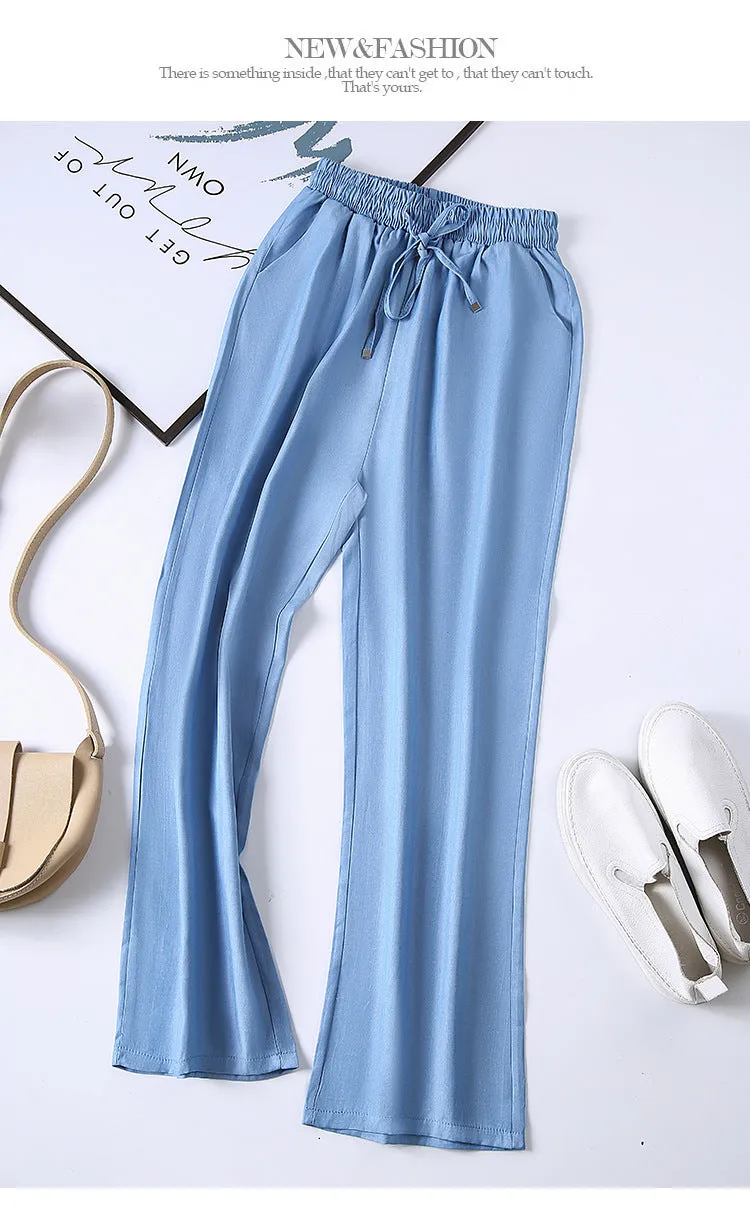 Summer Denim Wide Leg Pants Women Drape Straight Ice Silk Loose Thin Casual Pants