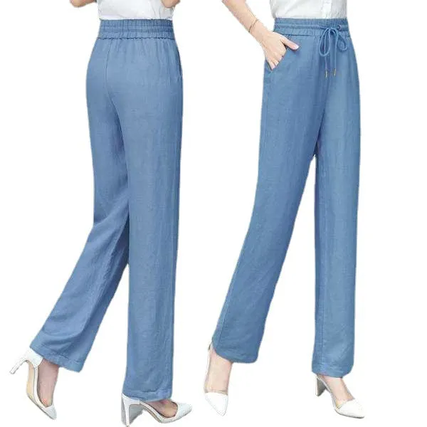 Summer Denim Wide Leg Pants Women Drape Straight Ice Silk Loose Thin Casual Pants