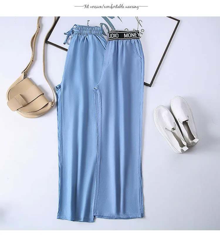 Summer Denim Wide Leg Pants Women Drape Straight Ice Silk Loose Thin Casual Pants