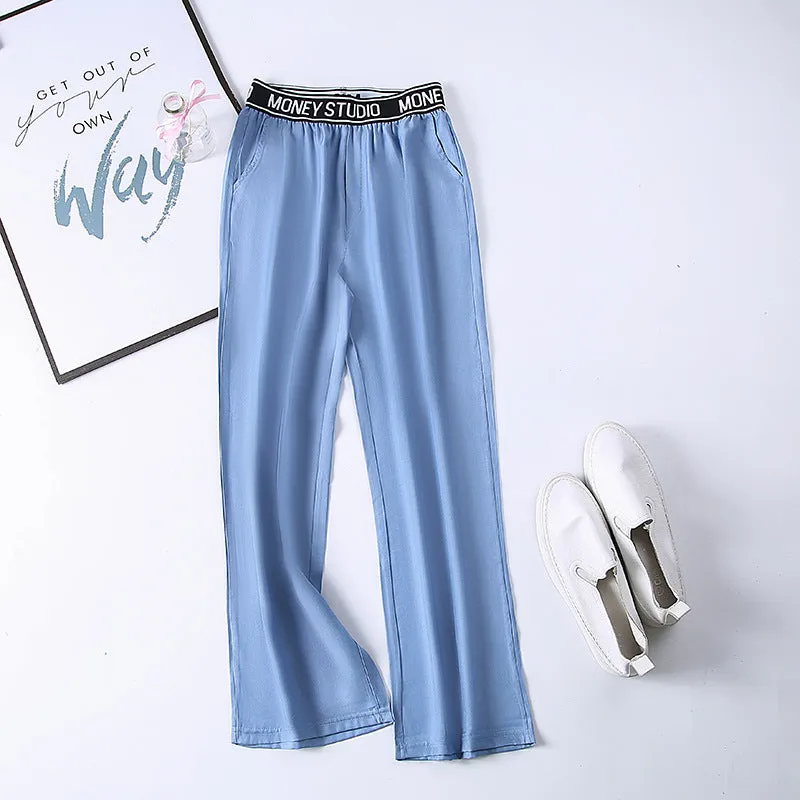Summer Denim Wide Leg Pants Women Drape Straight Ice Silk Loose Thin Casual Pants