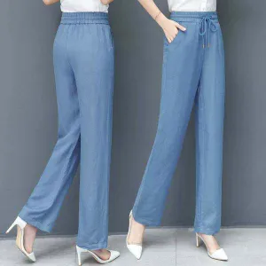 Summer Denim Wide Leg Pants Women Drape Straight Ice Silk Loose Thin Casual Pants