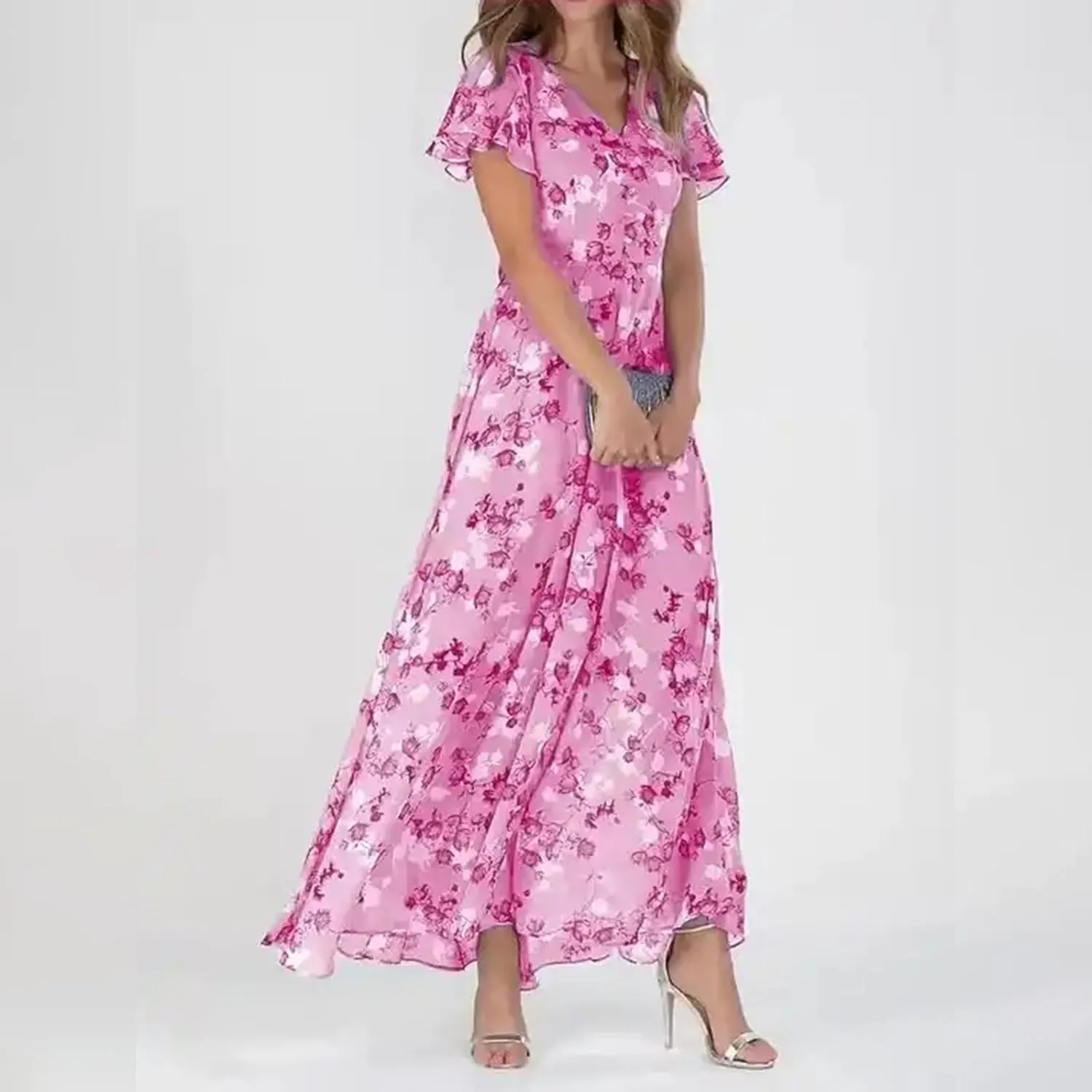 Summer Dresses for Women 2024 V Neck Ruffled Sleeve Flowy Fashion Boho Elegant Cocktail Elegant Maxi Dress S-2XL