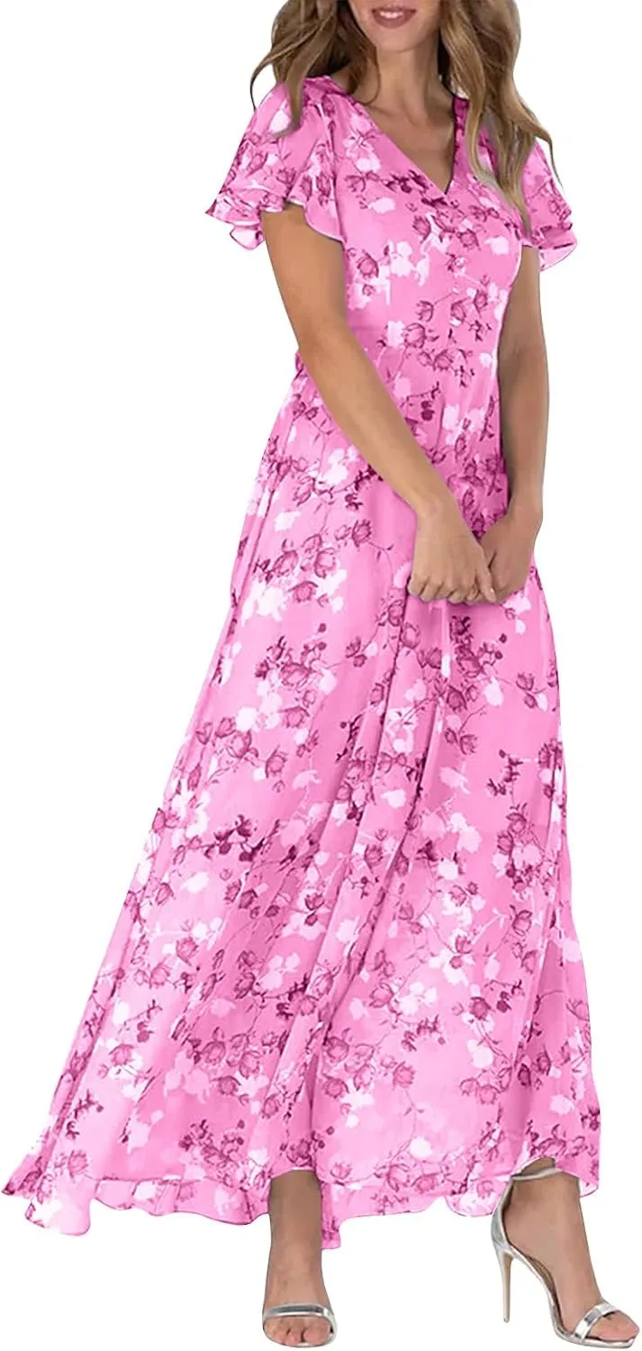Summer Dresses for Women 2024 V Neck Ruffled Sleeve Flowy Fashion Boho Elegant Cocktail Elegant Maxi Dress S-2XL