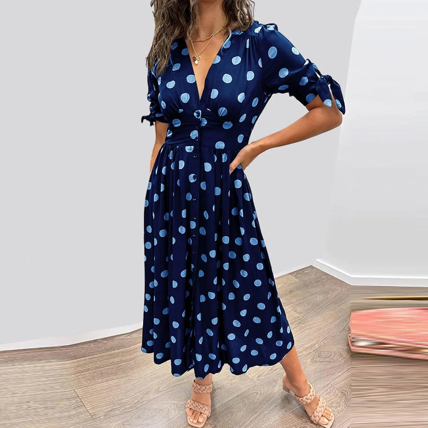Summer Dresses for Women 2024 Wrap V Neck Short Sleeve High Waist Floral Flowy A Line Polka Dot Midi Short Boho Dresses