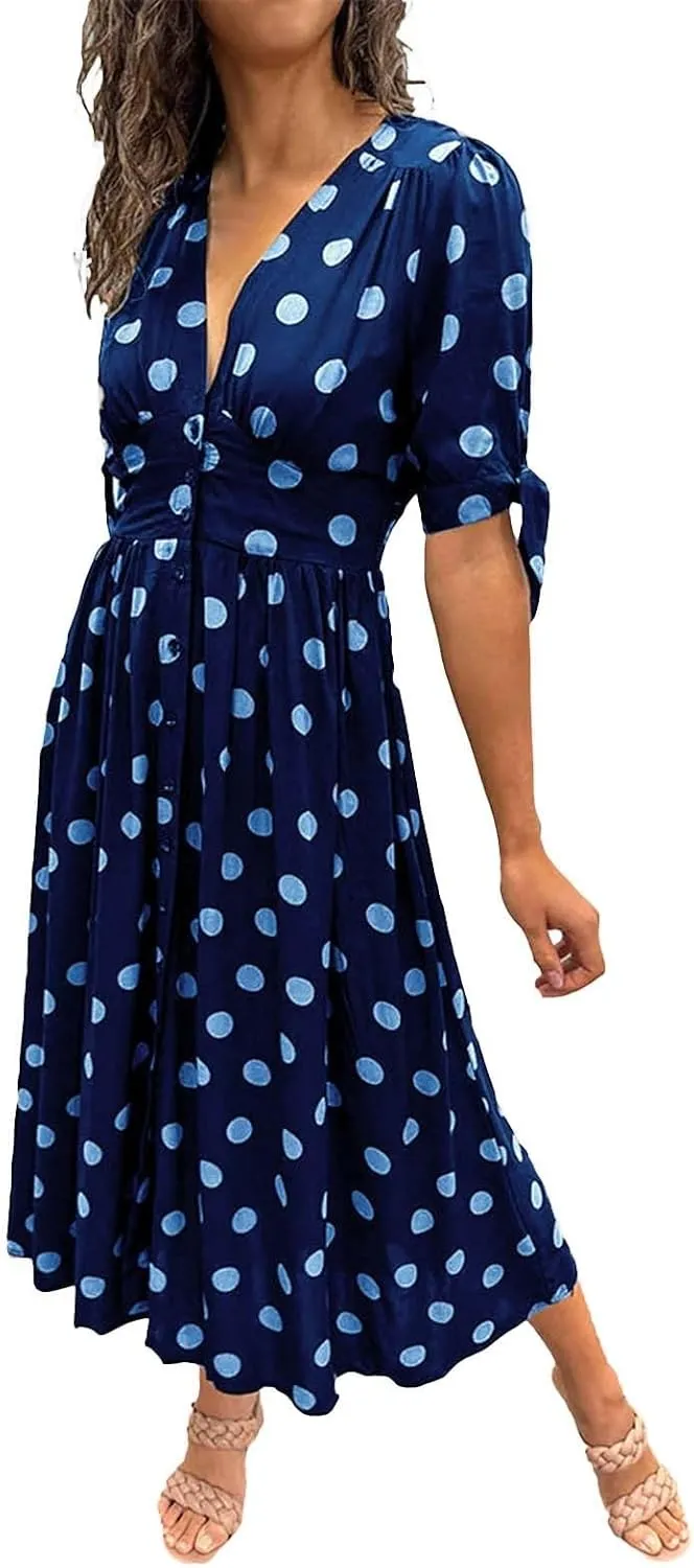 Summer Dresses for Women 2024 Wrap V Neck Short Sleeve High Waist Floral Flowy A Line Polka Dot Midi Short Boho Dresses
