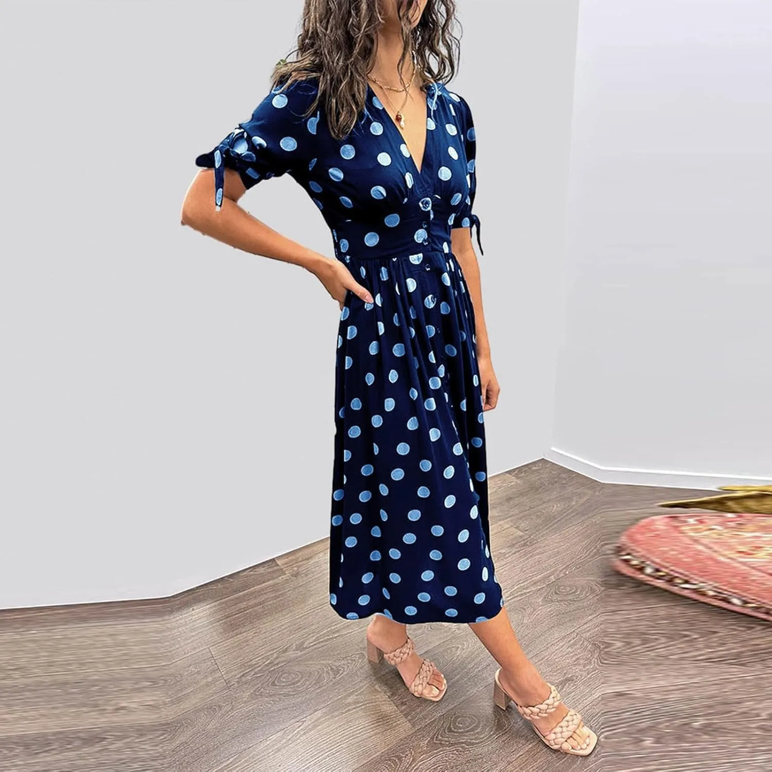 Summer Dresses for Women 2024 Wrap V Neck Short Sleeve High Waist Floral Flowy A Line Polka Dot Midi Short Boho Dresses