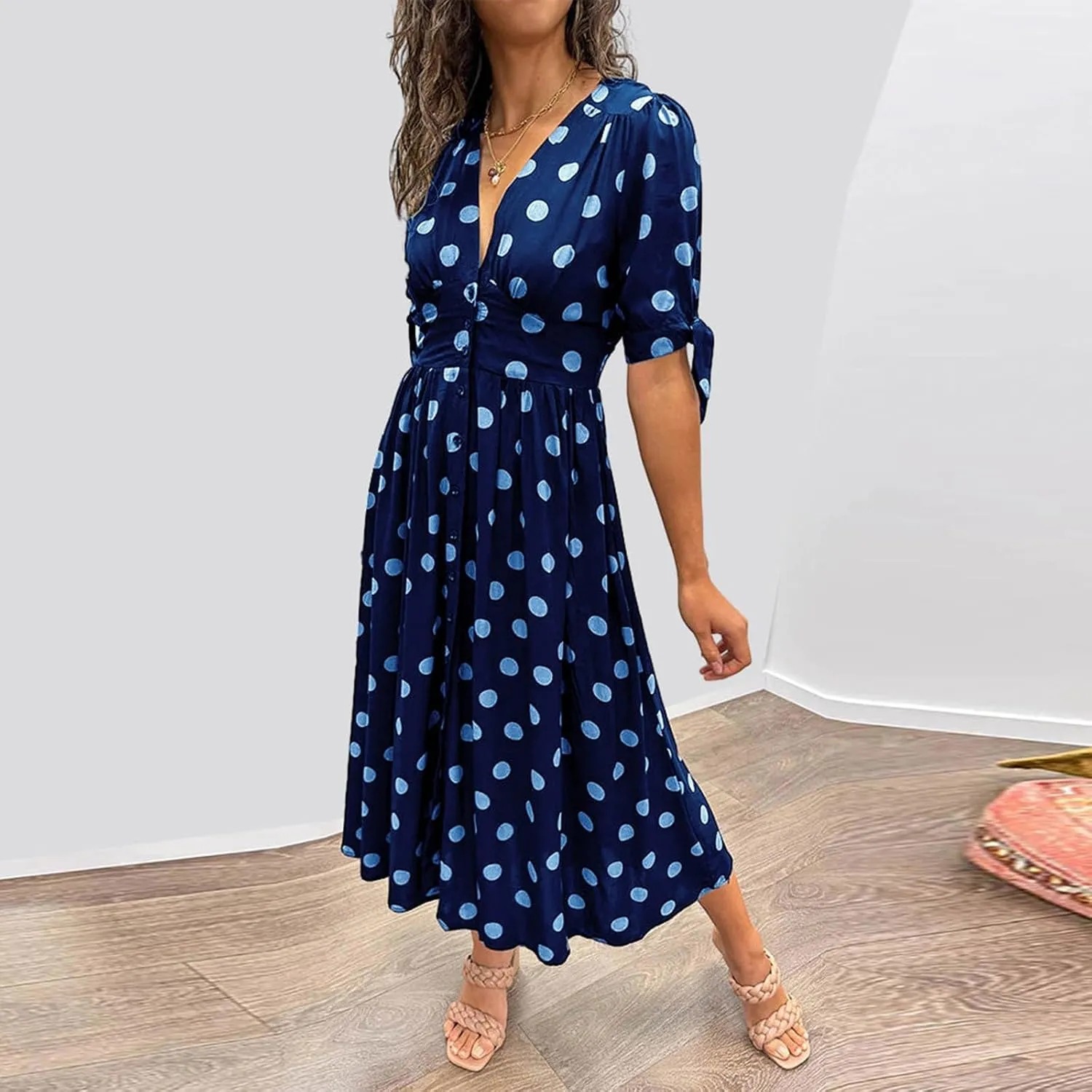 Summer Dresses for Women 2024 Wrap V Neck Short Sleeve High Waist Floral Flowy A Line Polka Dot Midi Short Boho Dresses
