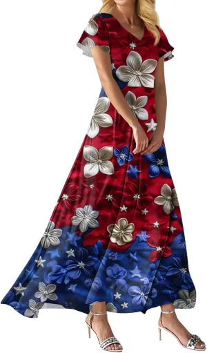 Summer Dresses for Women 2025 Star Stripes Print V Neck Maxi Sun Dress 4th of July Flowy Chiffon Boho Floral Dress