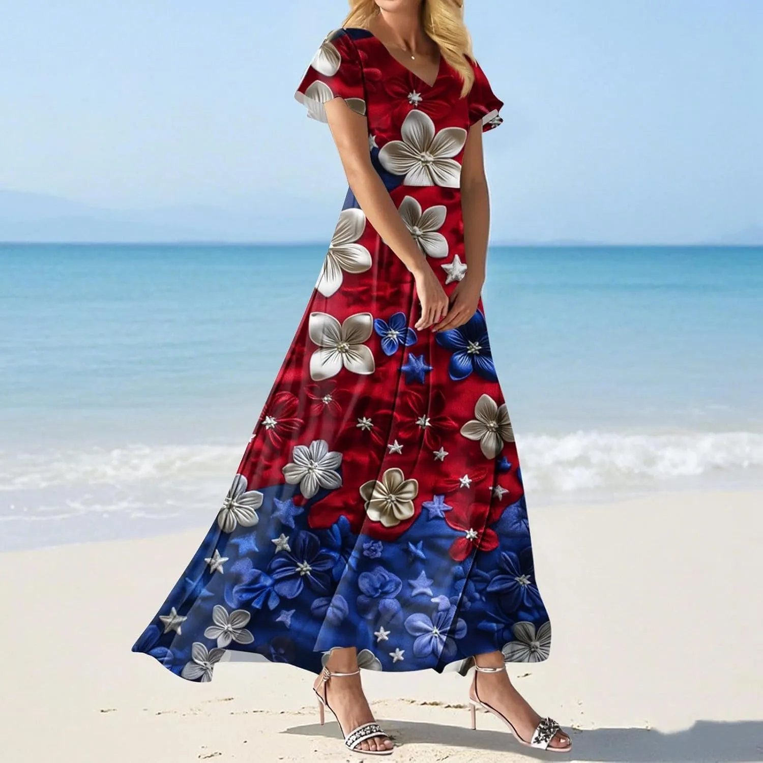Summer Dresses for Women 2025 Star Stripes Print V Neck Maxi Sun Dress 4th of July Flowy Chiffon Boho Floral Dress