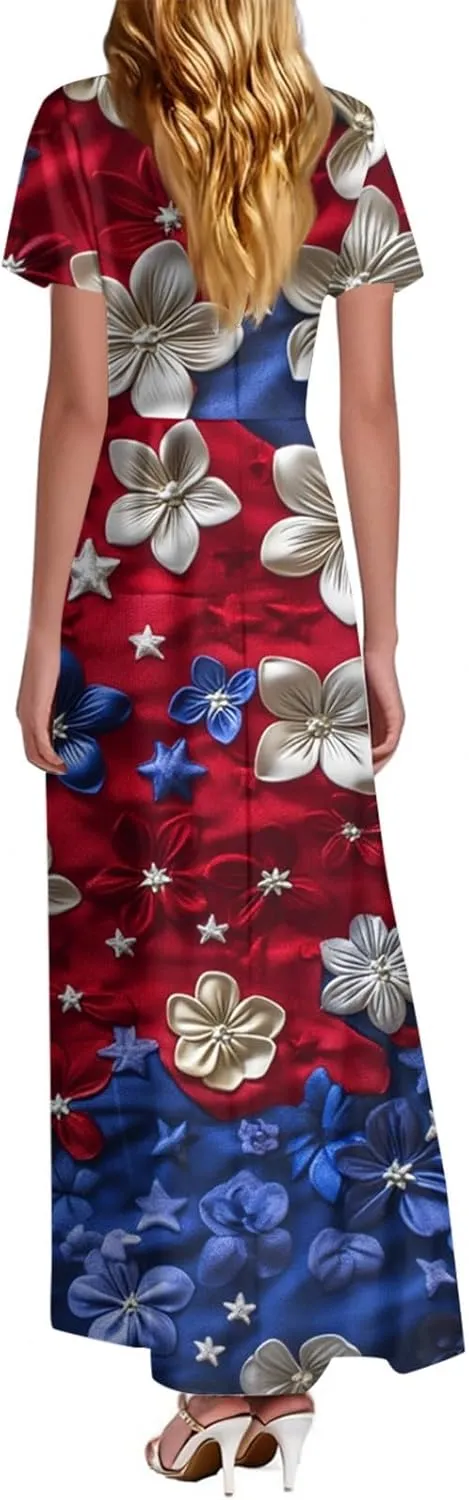 Summer Dresses for Women 2025 Star Stripes Print V Neck Maxi Sun Dress 4th of July Flowy Chiffon Boho Floral Dress