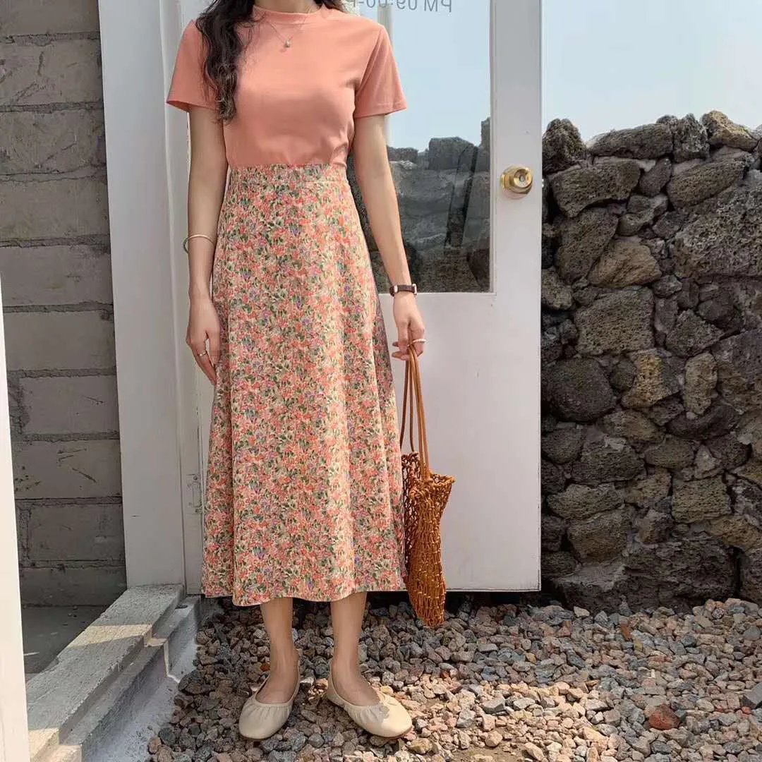 Summer Korean Loose High Waist Floral Skirt Women Mid-Length Slim Look All-Matching Chiffon Skirt