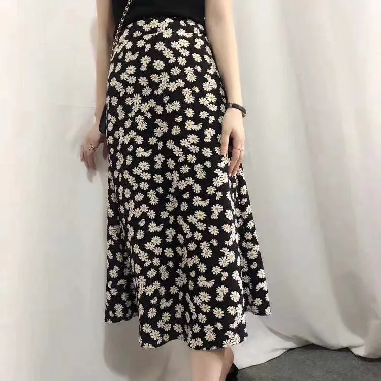 Summer Korean Loose High Waist Floral Skirt Women Mid-Length Slim Look All-Matching Chiffon Skirt
