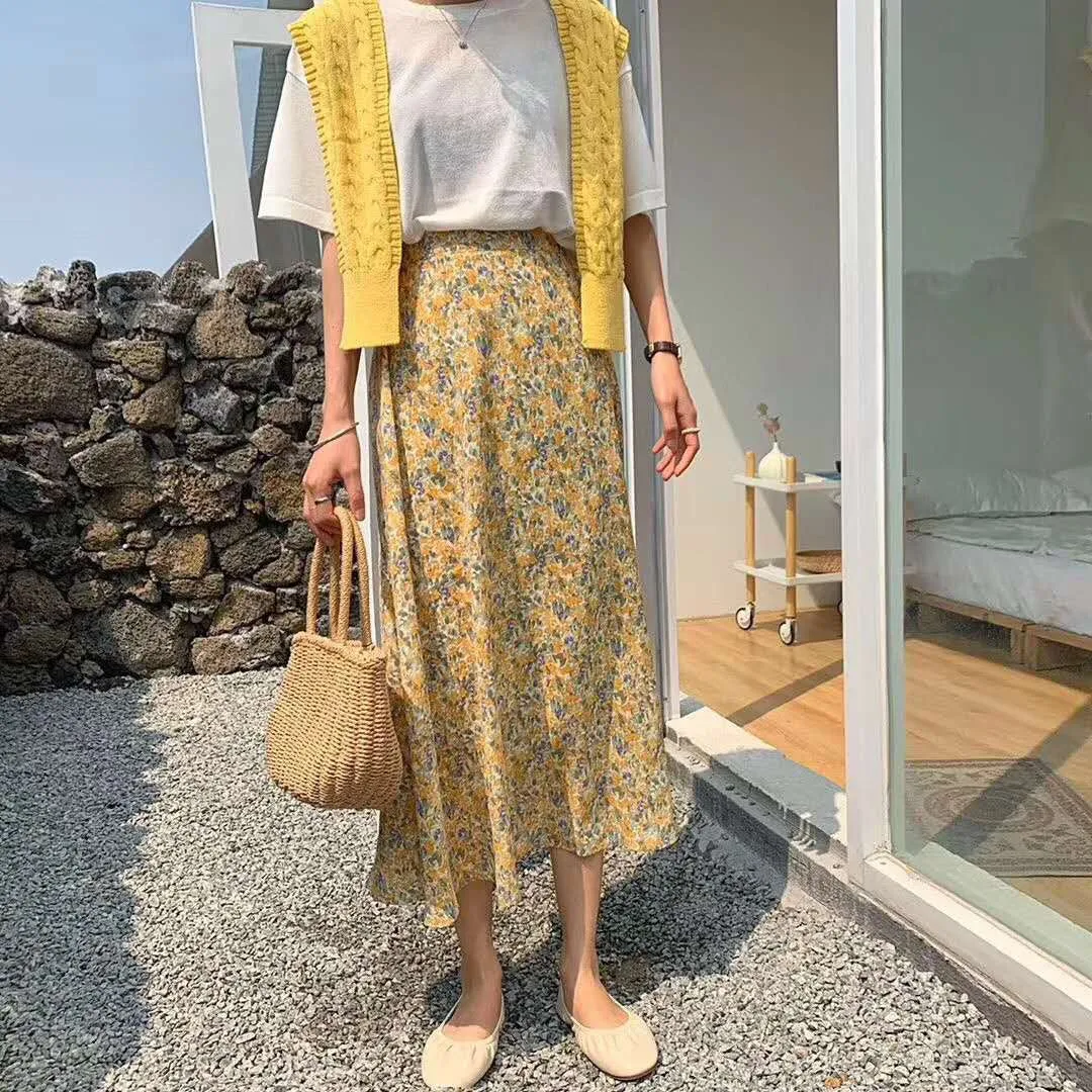Summer Korean Loose High Waist Floral Skirt Women Mid-Length Slim Look All-Matching Chiffon Skirt