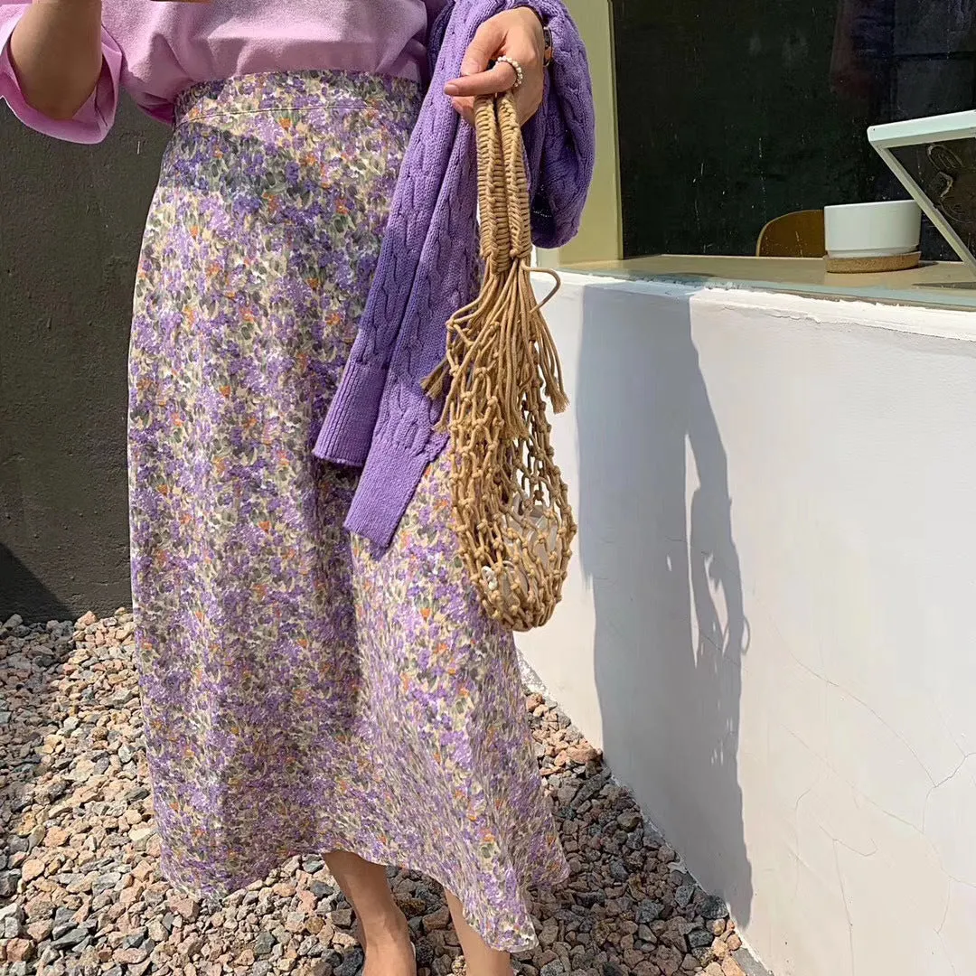 Summer Korean Loose High Waist Floral Skirt Women Mid-Length Slim Look All-Matching Chiffon Skirt