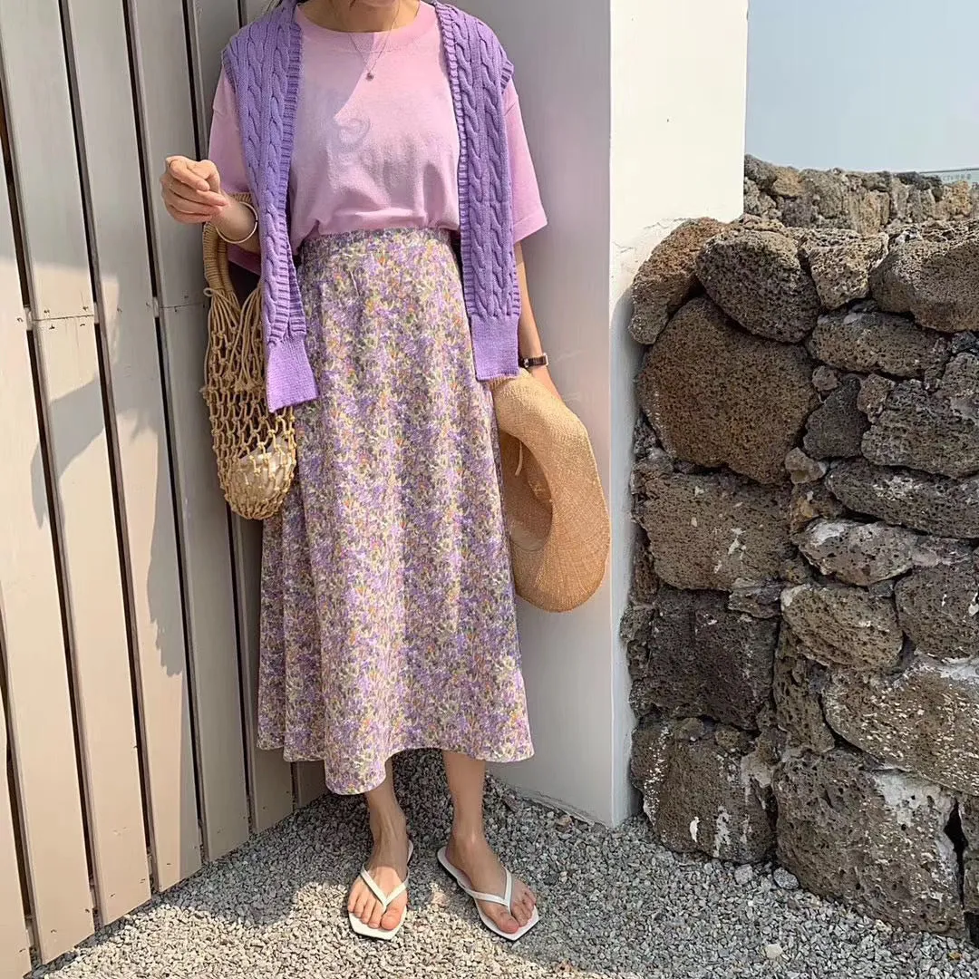 Summer Korean Loose High Waist Floral Skirt Women Mid-Length Slim Look All-Matching Chiffon Skirt
