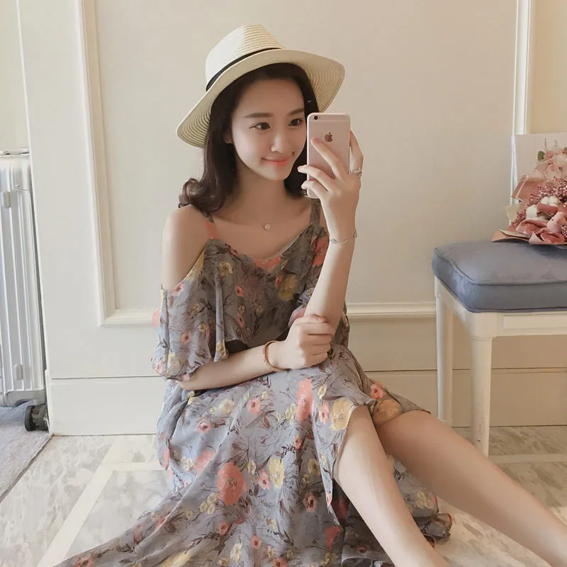 Summer Korean Sweet Look Tube Spaghetti Strap Floral Dress Mid-Length Bare Shoulder Flare Dress