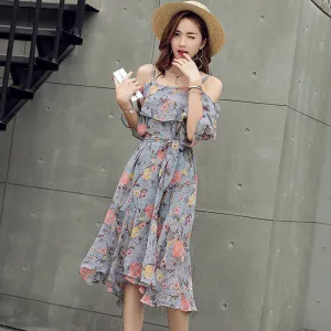 Summer Korean Sweet Look Tube Spaghetti Strap Floral Dress Mid-Length Bare Shoulder Flare Dress