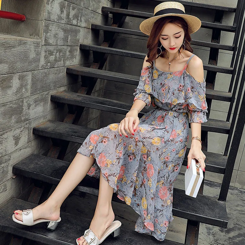 Summer Korean Sweet Look Tube Spaghetti Strap Floral Dress Mid-Length Bare Shoulder Flare Dress
