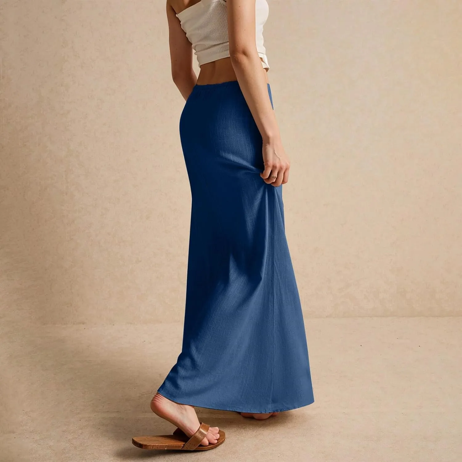 Summer Maxi Skirts for Women Trendy Low Waisted Drawstring Skorts Casual Lightweight Solid Color Simple Long Skirts