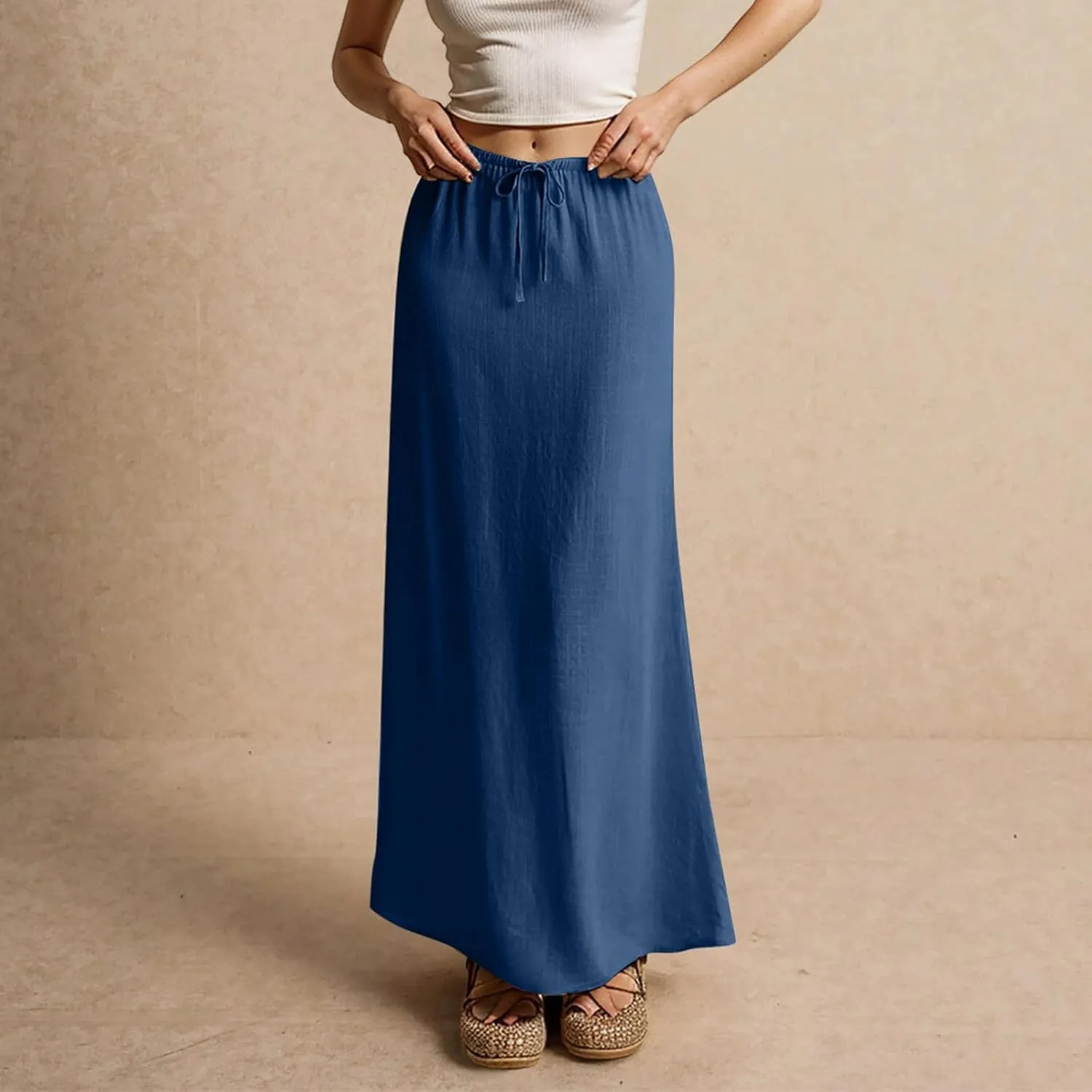 Summer Maxi Skirts for Women Trendy Low Waisted Drawstring Skorts Casual Lightweight Solid Color Simple Long Skirts