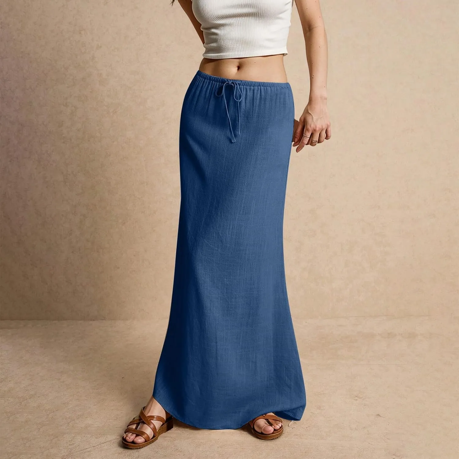 Summer Maxi Skirts for Women Trendy Low Waisted Drawstring Skorts Casual Lightweight Solid Color Simple Long Skirts
