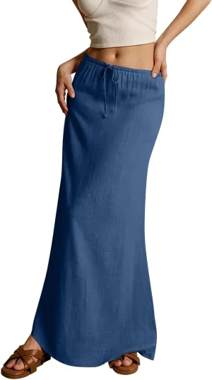 Summer Maxi Skirts for Women Trendy Low Waisted Drawstring Skorts Casual Lightweight Solid Color Simple Long Skirts