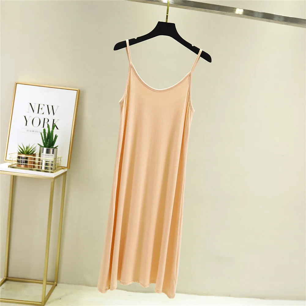 Summer Modal Round-Neck Slip Dress Korean Mid-Length Solid Colored Camisole Dress