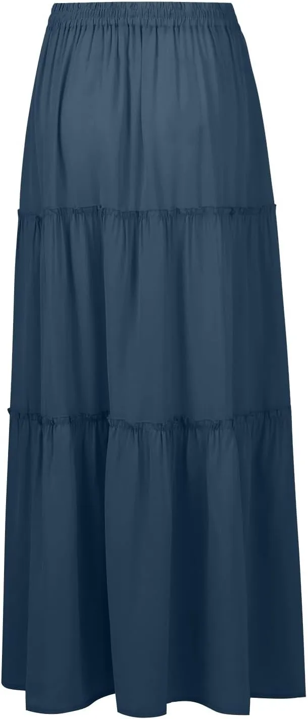 Summer Skirts for Women Flowy Maxi Skirt Drawstring High Waisted Pleated Tiered Aline Skirt Long Skirts with Pockets