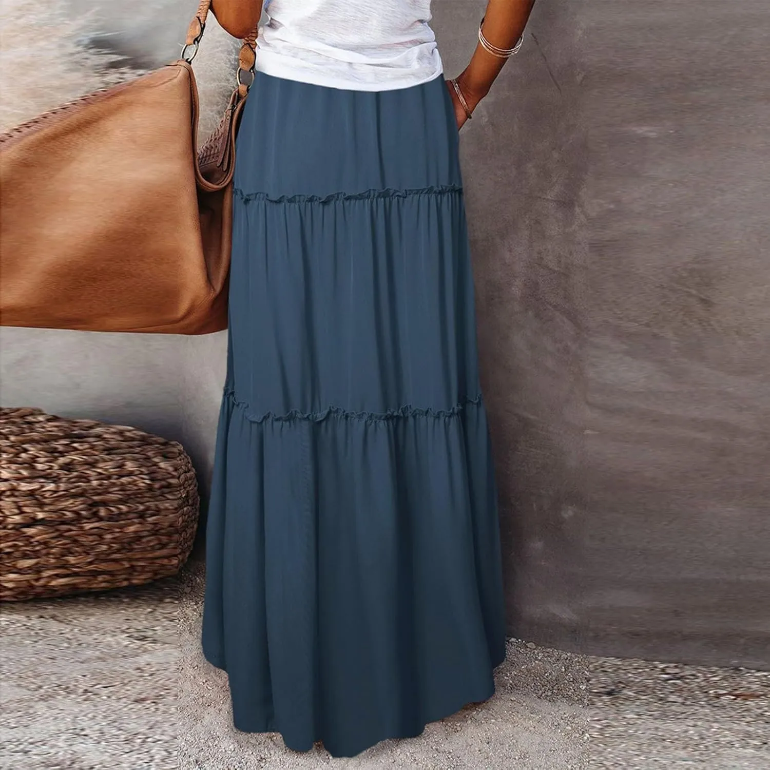Summer Skirts for Women Flowy Maxi Skirt Drawstring High Waisted Pleated Tiered Aline Skirt Long Skirts with Pockets