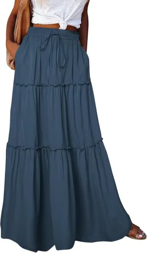 Summer Skirts for Women Flowy Maxi Skirt Drawstring High Waisted Pleated Tiered Aline Skirt Long Skirts with Pockets