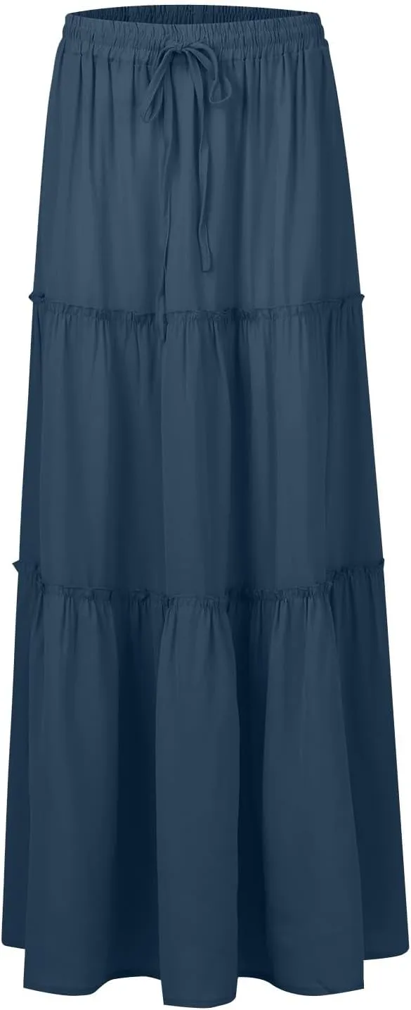 Summer Skirts for Women Flowy Maxi Skirt Drawstring High Waisted Pleated Tiered Aline Skirt Long Skirts with Pockets