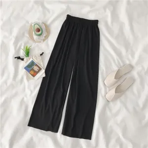 Summer Thin Ice Silk Wide Leg Women High Waist Drape Loose All-Matching Black Ankle-Length Casual Minimalist Long Pants