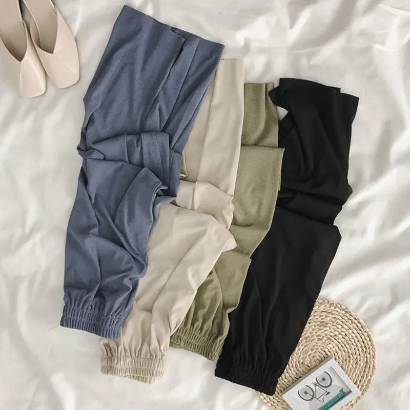 Summer Thin Ice Silk Wide Leg Women High Waist Drape Loose All-Matching Black Ankle-Length Casual Minimalist Long Pants