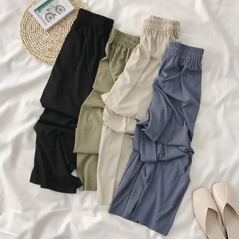 Summer Thin Ice Silk Wide Leg Women High Waist Drape Loose All-Matching Black Ankle-Length Casual Minimalist Long Pants
