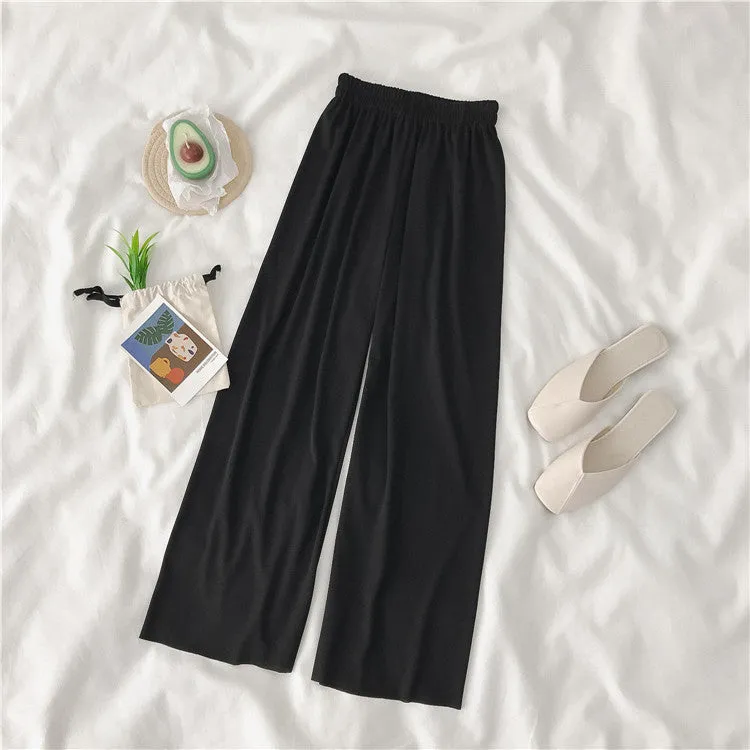 Summer Thin Ice Silk Wide Leg Women High Waist Drape Loose All-Matching Black Ankle-Length Casual Minimalist Long Pants