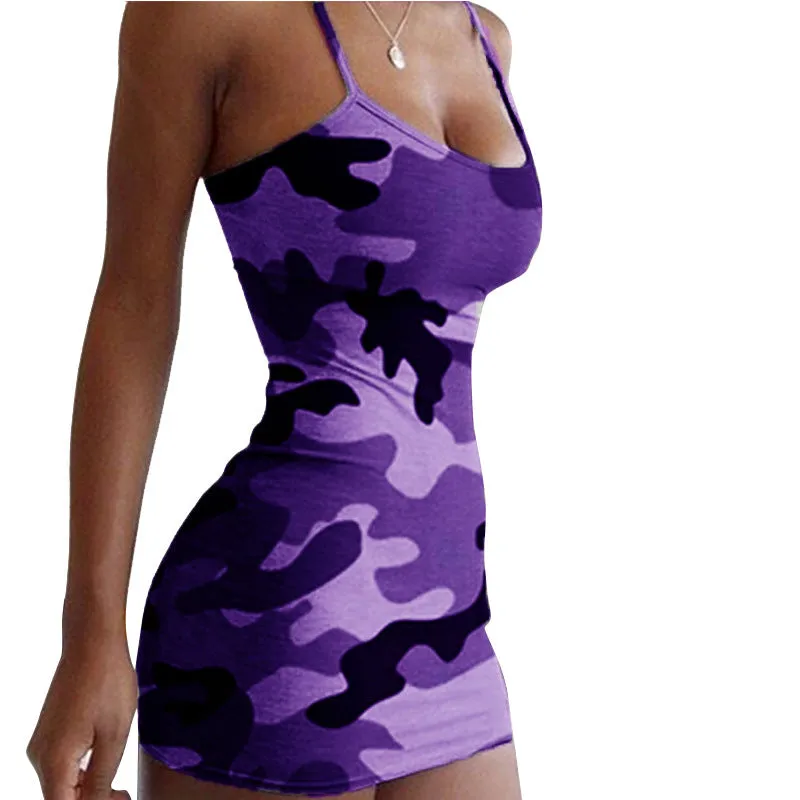 Summer Women Camo Prints Printed Spaghetti Strap Sexy Pencil Dress