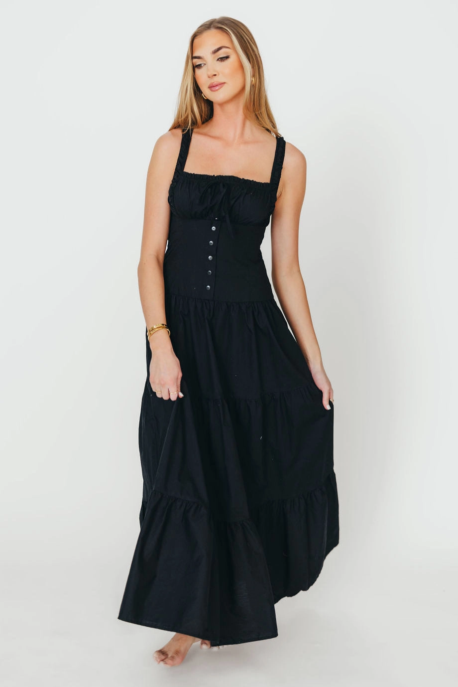 Sutton Corset Button Down Tiered Maxi Dress in Black *Final-Sale*