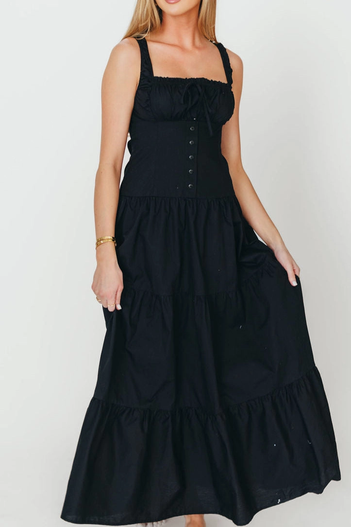 Sutton Corset Button Down Tiered Maxi Dress in Black *Final-Sale*