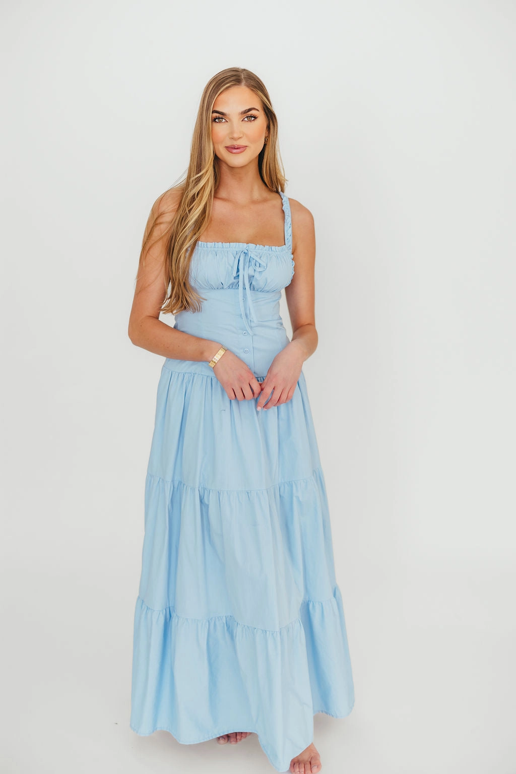Sutton Corset Button Down Tiered Maxi Dress in Light Blue *Final-Sale*