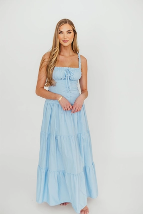 Sutton Corset Button Down Tiered Maxi Dress in Light Blue *Final-Sale* Sutton Corset Button Down Tiered Maxi Dress in Light Blue *Final-Sale*