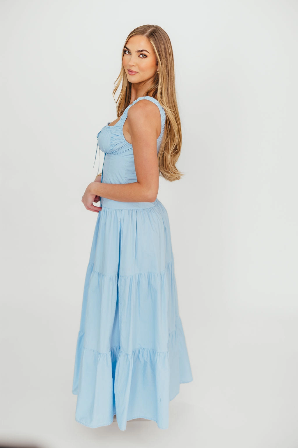 Sutton Corset Button Down Tiered Maxi Dress in Light Blue *Final-Sale*