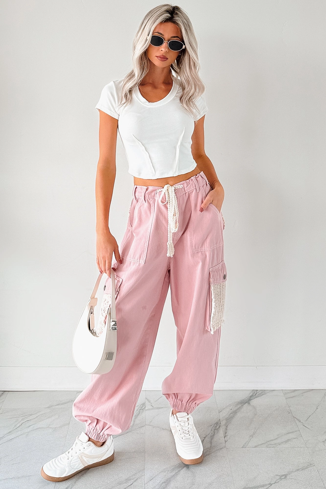 Sweet Melody Crochet Denim POL Joggers (Powder Pink)