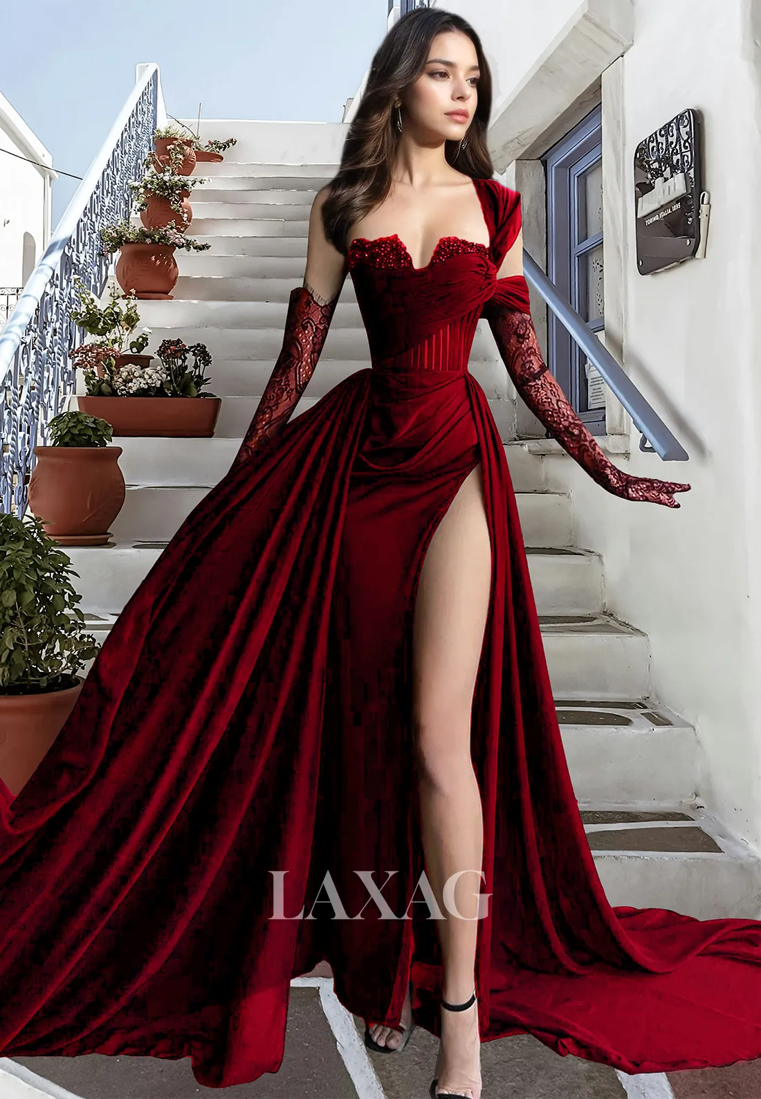 Sweetheart Off-Shoulder Pleated Evening Gowns Lace Gloves Beaded High Slit A-Line Prom Dress