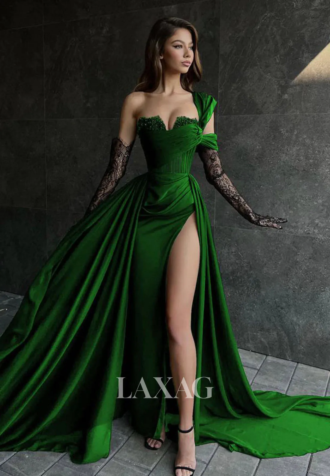 Sweetheart Off-Shoulder Pleated Evening Gowns Lace Gloves Beaded High Slit A-Line Prom Dress