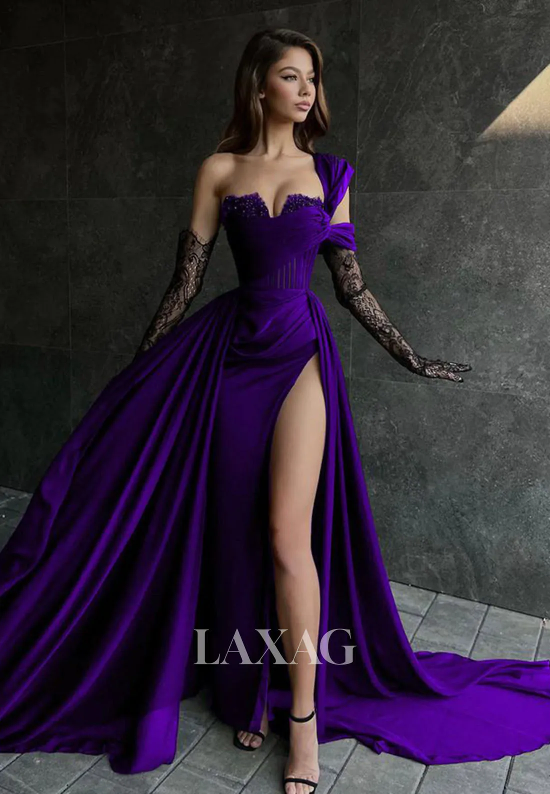 Sweetheart Off-Shoulder Pleated Evening Gowns Lace Gloves Beaded High Slit A-Line Prom Dress